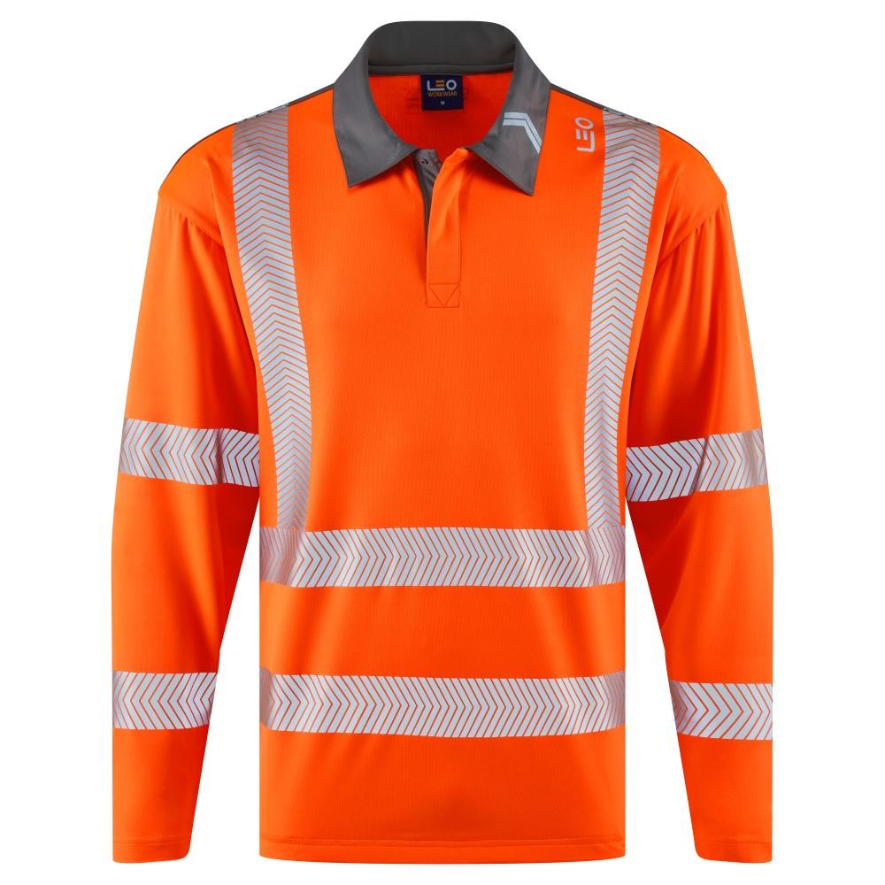 Leo P13 Georgeham Orange Hi-Visibility Performance Sleeved Polo Shirt To ENISO 20471 Class 3 & Railway Group Standard RIS-3279-TOM